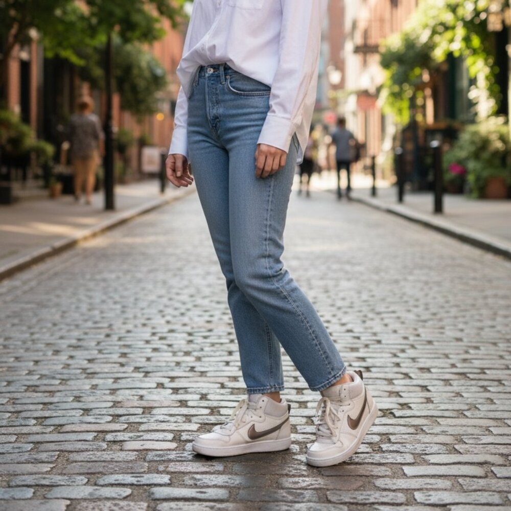 Nike Mid-Top Sneakers- White/Cream With Metallic Bronze Swoosh